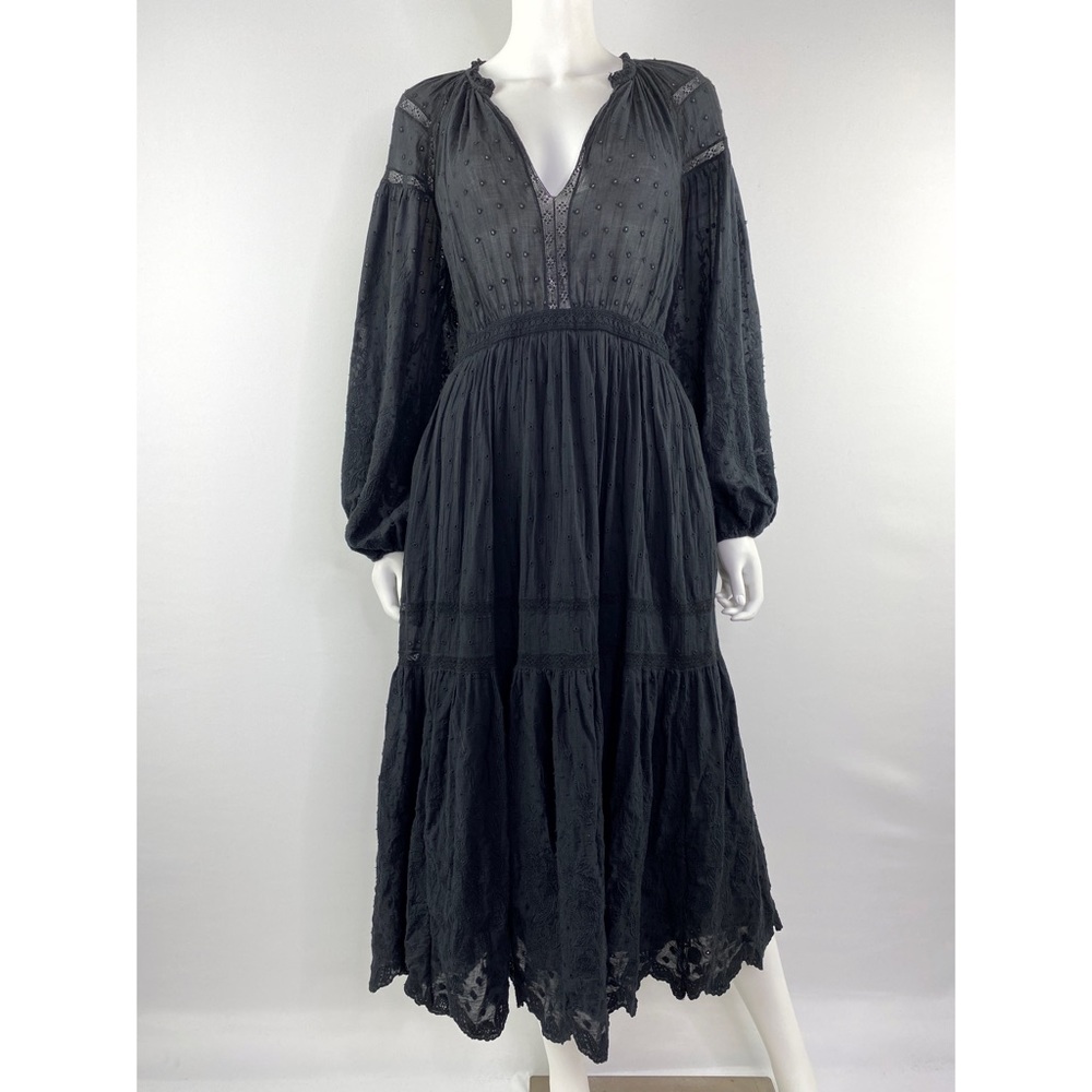 Ulla Johnson Size 6 Black Long Sleeve Eyelet Embroidered Lace Trim Midi Dress - Picture 2 of 13